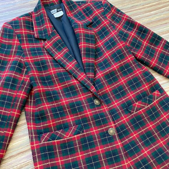 Elle-Elle Red Plaid Blazer Jacket Wool Blend Vintage Oversized 90s Pockets - Picture 3 of 6